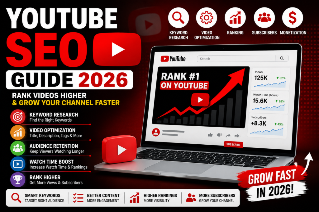 YouTube SEO guide showing video ranking, keyword research, and channel growth strategies in 2026