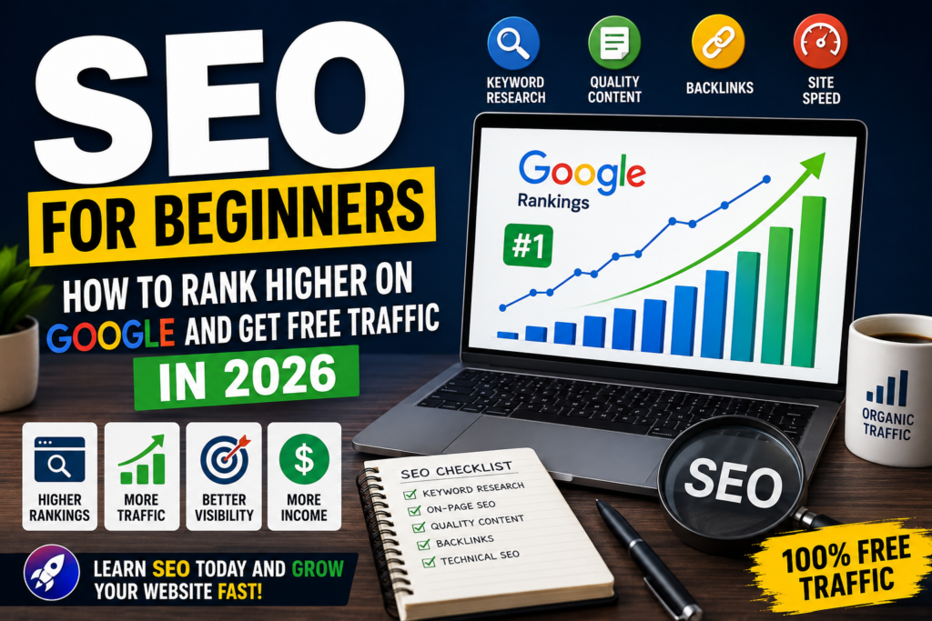 SEO for beginners guide showing Google rankings and website traffic growth in 2026