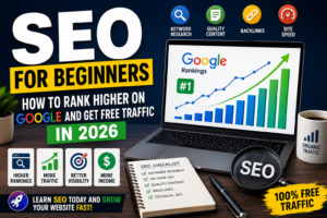 SEO for beginners guide showing Google rankings and website traffic growth in 2026