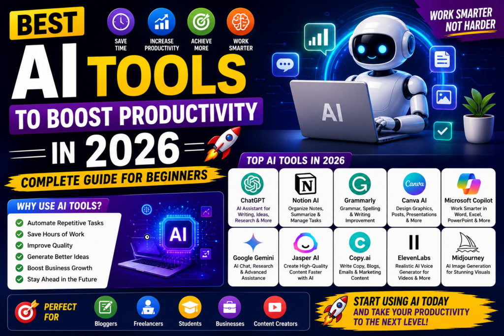 Best AI tools to improve productivity for bloggers, freelancers, students, and businesses in 2026.